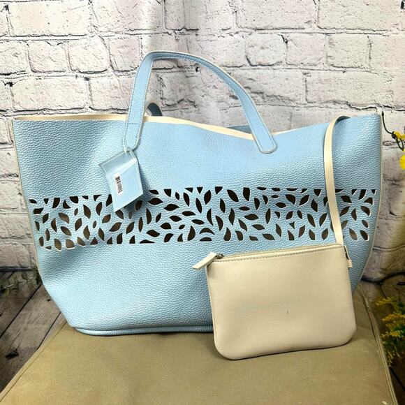 Laser Cut Light Blue Faux Pebble Leather Tote Bag with pouch - Picture 1 of 8